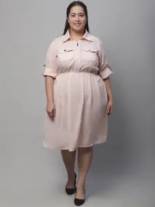 Flambeur Plus Size Shirt Collar Roll Up Sleeves Crepe A-Line Dress