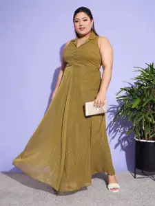 SASSAFRAS Curve Green Plus Size Cuban Collar Sleeveless Maxi Dress