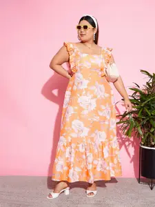 SASSAFRAS Curve Women Plus Size Orange Floral Print Flutter Sleeve Maxi Dress