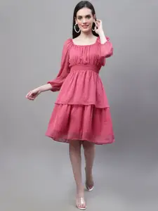 MARC LOUIS Square Neck Puff Sleeve Georgette Smocked Fit & Flare Dress