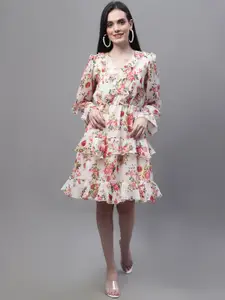 MARC LOUIS Floral Print V-Neck Bell Sleeve Ruffled Georgette Tired Fit & Flare Dress