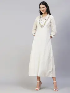 FASHOR Off White Embroidered Cotton A-Line Midi Dress
