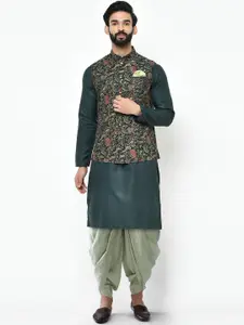 KISAH Men Kantha Printed Regular Fit Kurta Jacket Dhoti Set