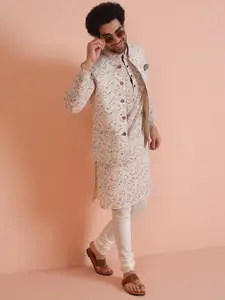 KISAH Men Kantha Printed Regular Fit Kurta Jacket Churidar Set
