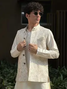 KISAH Mandarin Collar Pure Cotton Kurta with Churidar & Nehru Jacket