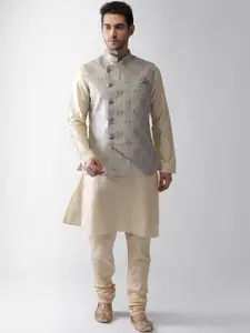 KISAH Mandarin Collar Regular Straight Kurta With Churidar & Nehru Jacket
