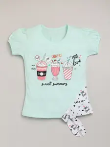 YK Girls Graphic Printed Puff Sleeves Pure Cotton Casual T-shirt