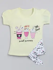 YK Girls Graphic Printed Puff Sleeves Pure Cotton Casual T-shirt