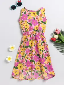 YK Sleeveless High-Low Floral Printed Fit & Flare Dress
