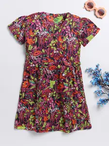 YK Girls Floral Printed Puff Sleeves A-Line Dress
