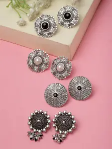 PANASH Set Of 4 Silver-Plated Oxidized Circular Studs Earrings