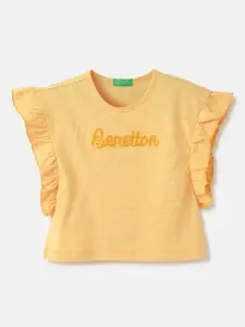 United Colors of Benetton Girls Round Neck Flutter Sleeves Regular Top