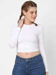 VASTRADO Round Neck Long Sleeves Ruched Cotton Fitted Crop Top