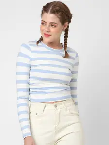 VASTRADO Striped Round Neck Long Sleeves Gathered Cotton Fitted Crop Top