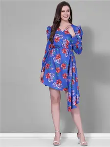 Selvia Floral Printed V-Neck Puff Sleeve Crepe A-Line Dress