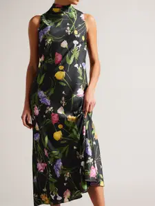 Ted Baker Floral Printed Mock Neck A-Line Midi Dress