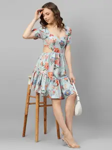 DEEBACO Floral Printed Puff Sleeve Linen Fit & Flare Dress