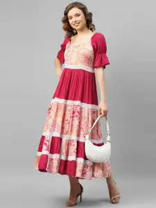 DEEBACO Floral Printed Bell Sleeve Fit & Flare Midi Dress