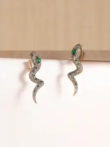 XPNSV Gold-Plated American Diamond Studded Contemporary Drop Earrings