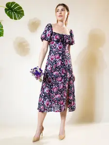 Stylecast X Hersheinbox Navy Blue Floral Printed Puff Sleeves Midi Fit & Flare Dress
