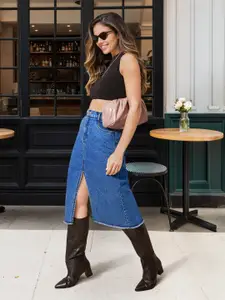 StyleStone A-Line Center Slit Denim Midi Skirt with Fringed Hem
