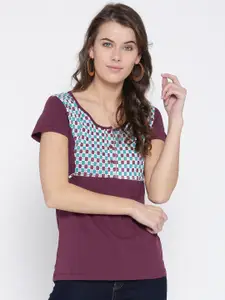 Style Quotient Women Burgundy Printed Pure Cotton Top