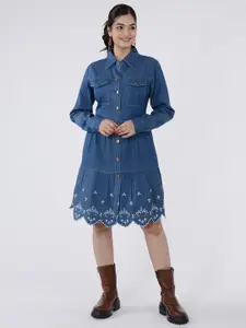 SUMAVI-FASHION Embroidered Shirt Collar Cotton Denim Shirt Dress