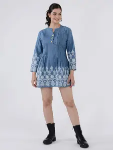 SUMAVI-FASHION Floral Embroidered Denim Cotton A-Line Midi Dress