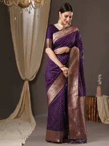 Anouk Purple & Gold-Toned Floral Woven Design Zari Banarasi Saree