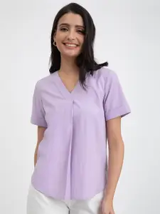 Pink Fort V-Neck Pleated Pure Cotton Top