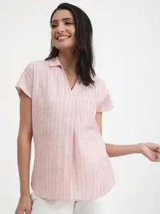 Pink Fort Vertical Striped Pure Cotton Shirt Style Top