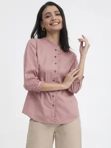 Pink Fort Mandarin Collar Cuff Sleeves Linen Shirt Style Top