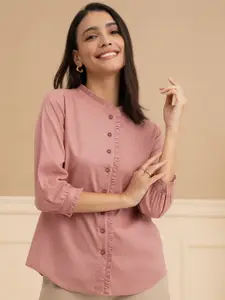 Pink Fort Mandarin Collar Cuff Sleeves Linen Shirt Style Top