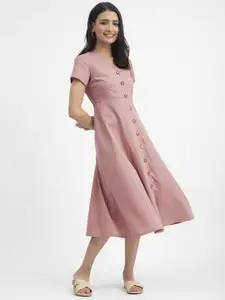 Pink Fort V-Neck Short Sleeves A-line Midi Dress