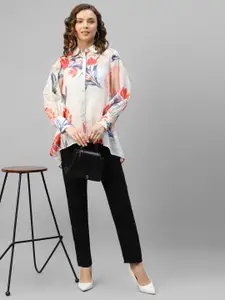 DEEBACO Premium Boxy Fit Floral Printed Cuff Sleeves High-Low Hem Opaque Casual Shirt