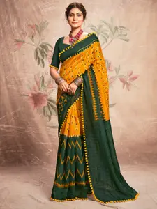 Anouk Yellow & Green Embellished Ethnic Motifs Block Print Saree
