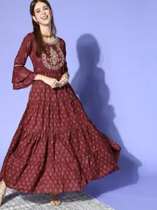 Indo Era Maroon Floral Printed Embroidered Tiered  Cotton Fit & Flare Ethnic Dress
