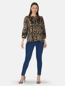 GULAB CHAND TRENDS Floral Printed V-Neck Puff Sleeves Cotton A-Line Top