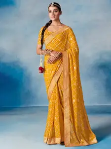Saree mall Yellow & Gold-Toned Bandhani Zari Pure Georgette Bandhani Sarees