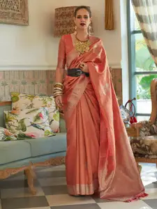 Saree mall Rust & Gold-Toned Ethnic Motifs Woven Design Zari Banarasi Sarees