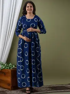 Mialo fashion Ethnic Motifs Printed Fit & Flare Maxi Cotton Maternity Ethnic Dress