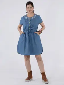 SUMAVI-FASHION Embroidered Tie-Up Neck Curved Denim A-Line Dress