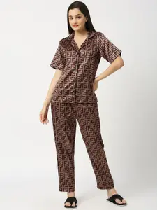 Smarty Pants Geometric Printed Satin Night Suit