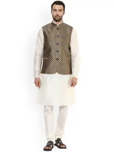 KISAH Men Off-White & Navy Blue Self Design Kurta with Churidar & Nehru Jacket