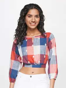Global Desi Checked Puff Sleeves Pure Cotton Crop Top