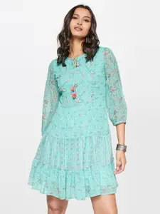 Global Desi Tie-Up Neck Floral Printed Fit and Flare Dress
