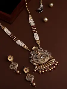 ASMITTA JEWELLERY Gold-Plated Stone-Studded & Beaded Long Necklace and Earrings