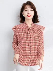 JC Collection Checked Tie-Up Neck Ruffled Long Sleeve Casual Shirt