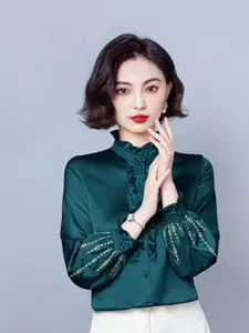 JC Collection Floral Embroidered Ruffled Opaque Casual Shirt