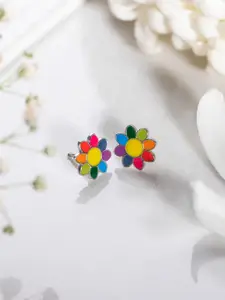 Zavya Multicoloured Floral Studs Silver-Plated Earrings